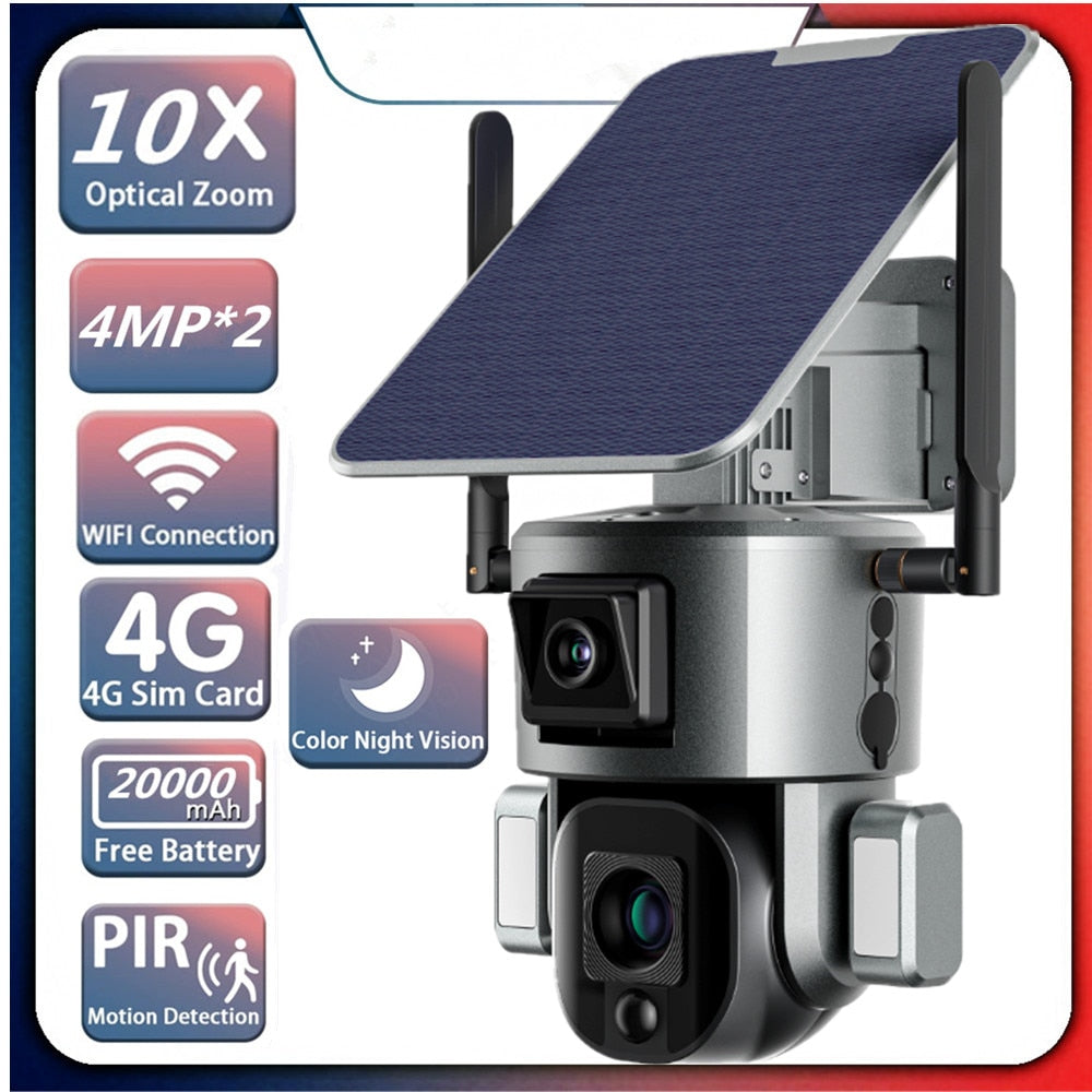 4G/WIFI Wireless 4MP Solar Camera Dual Camera 10X Zoom Solar Camera 20000mah Cameras Outdoor Solar IR Sensor Configuration